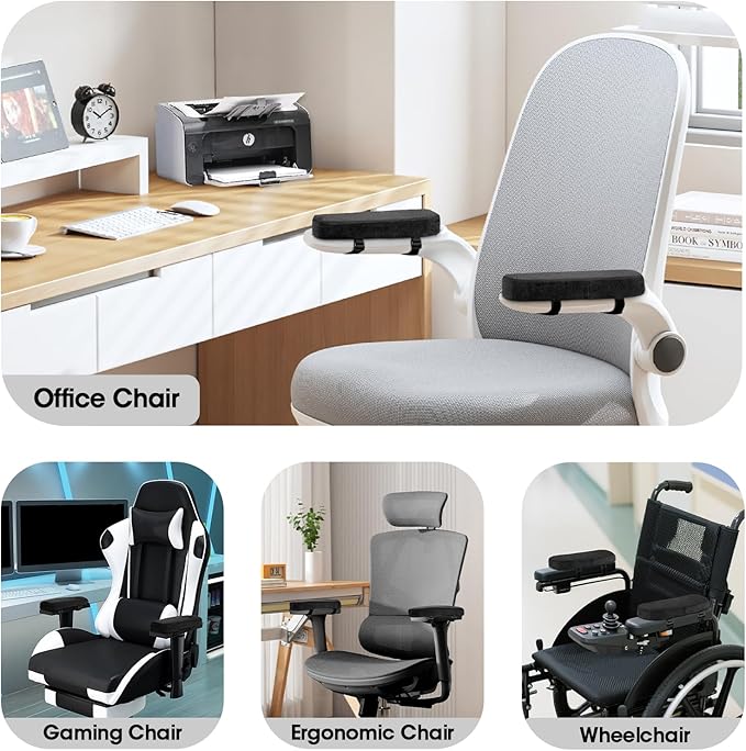 ZNCMRR 2 Pack Office Chair Armrest Pads Covers with Memory Foam Elbow Pillow for Forearm Pressure Relief, Black Arm Rest Covers for Office Chairs, Wheelchair, Comfy Gaming Chair(Black)