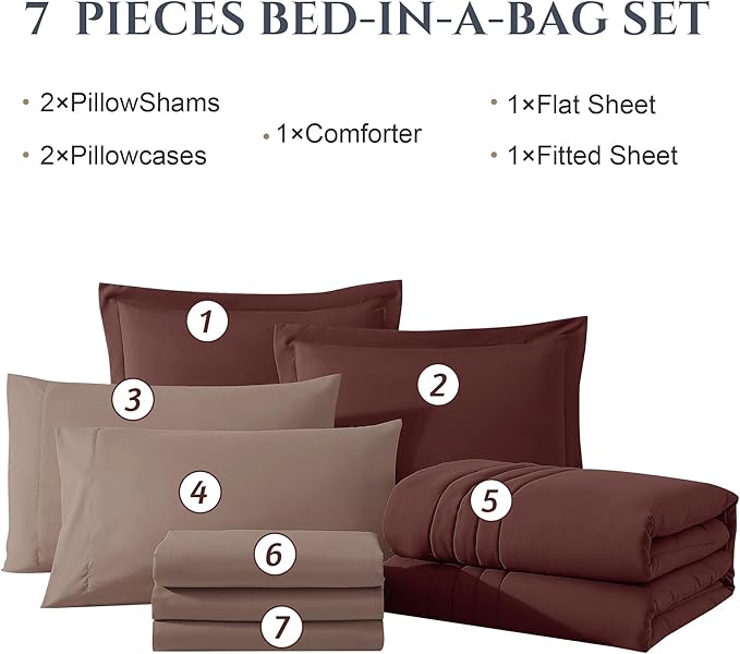 Monbix King Size Comforter Set - 7 Pieces Bed in a Bag King, Dark Red Bedding Sets with Comforter, All Seasons Comforter Bed Set with Sheets, Pillowcases & Shams
