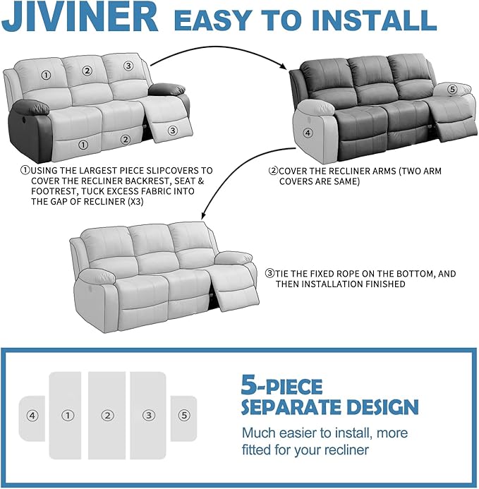 JIVINER 5 Pieces Recliner Sofa Covers Stretch Recliner Sofa Slipcover with Elastic Bottom Jacquard Fitted Reclining 3 Cushion Couch Cover Furniture Protector with Pockets (3 Seater, Coffee)