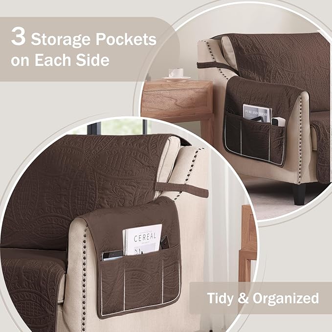 Soft Couch Cover with Pockets for Extra-Large Sofa, Medallion Quilted Design Couch Covers for 3 Cushion Sofa, Oversized Sofa Covers Washable Water-Repellent (X-Large Sofa 78", Chocolate)