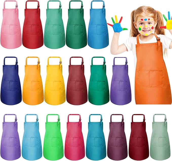 20Pcs Kids Chef Aprons Bulk, Child Aprons Art Aprons Set, Adjustable Children Kitchen Chef Aprons with 2 Pockets for Boys Girls Cooking Painting, 20 Color(L for 7-13 Age)