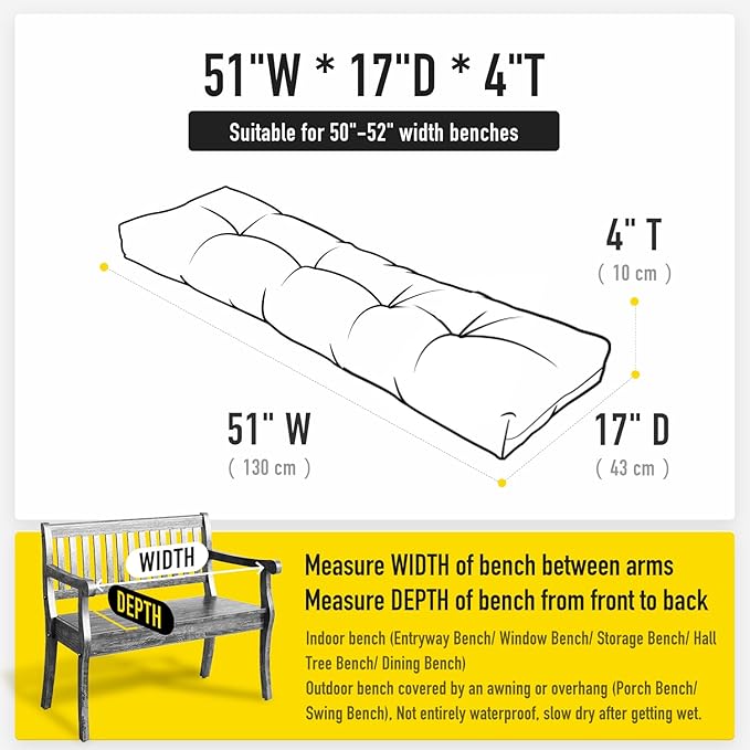 SUNROX LokGrip Non Slip Tufted Memory Foam Bench Cushion, FadeShield Water Resistant Durable Thicken Outdoor/Indoor Bench Seat Pads 51x16x4 inch, Cream