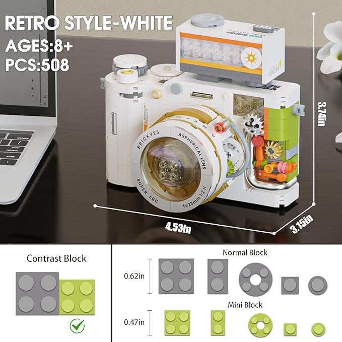 Vintage Camera Mini Building Set for Adults, White Classic Replica Toy Camera, Creative Gifts for Teens Boys Girls 8+ Photographer(508 pcs)