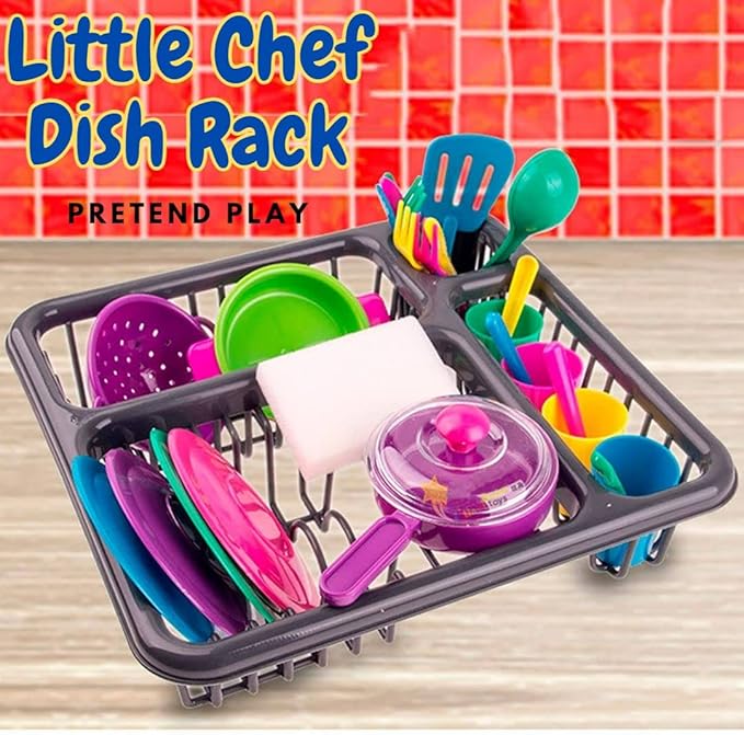 Kids Pretend Play Dishes Children's Kitchen Playset - Wash and Dry Tableware Dish Rack Toy with Drainer, Cups, Pots, Utensils (28 Pieces)