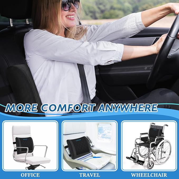 Lumbar Support Pillow for Office Chair Back Support Lumbar Pillow for Car, Gaming, Office Chair - Improve Sitting Posture & Back Pain Relief, Memory Foam, Adjustable Straps, Fluffy Black