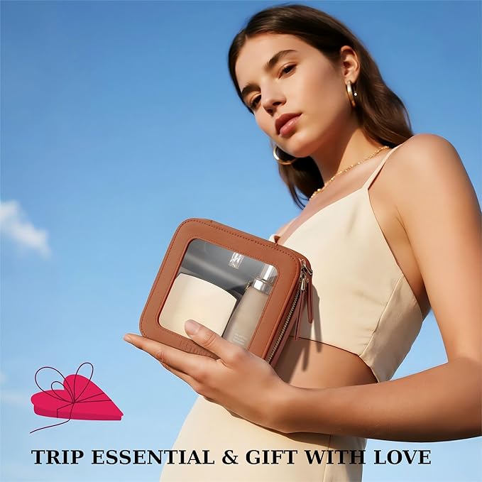 MSTONAL Clear Makeup Bag, Travel Toiletry Bag Cosmetic Case for Women, Waterproof Portable Small Make Up Skincare Pouch with Zipper, Compact Car Organizer Bag for Essentials, Mini Size, Brown