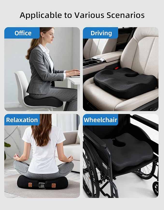Adjustable Seat Cushions for Office Chairs, Extra-Dense Seat Cushion for Desk Chair, Home Chair, Ergonomic Sciatica Support, Hip & Tailbone Pain Relief Chair Cushions for Long Sitting (Black)