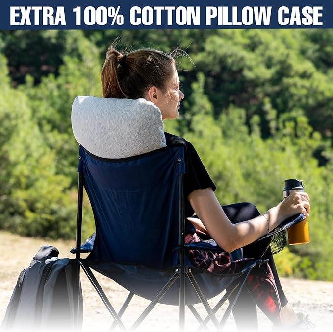 alkamto Travel & Camping Comfortable Memory Foam Pillow – Easy to Carry Portable Bag – Temperature Regulating Pillow Case (White + Extra Cover)
