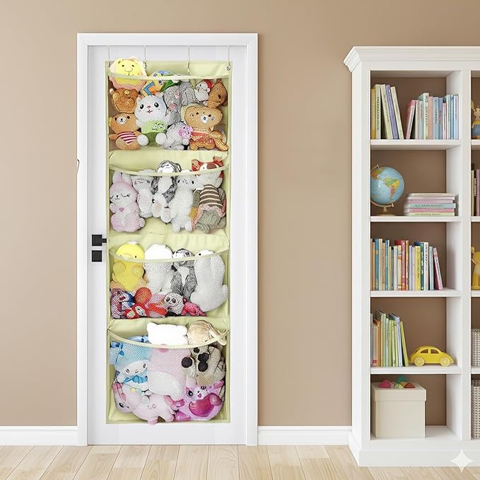 Hanging Stuffed Animal Storage,Kids Storage Organizer Large Capacity Over The Door Storage,Stuffed Toys Mesh Hammock Bag for Kids Room,65"×23.8",Beige