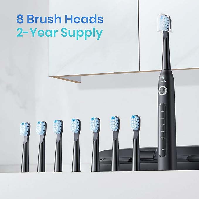 Etekcity Electric Toothbrush for Adults and Kids, 8 Soft High-Density Brush Heads, Fast Charge 2.5 Hours Last 30 Days, 2 Minutes Smart Timer, 5 Modes & Travel Case, Black