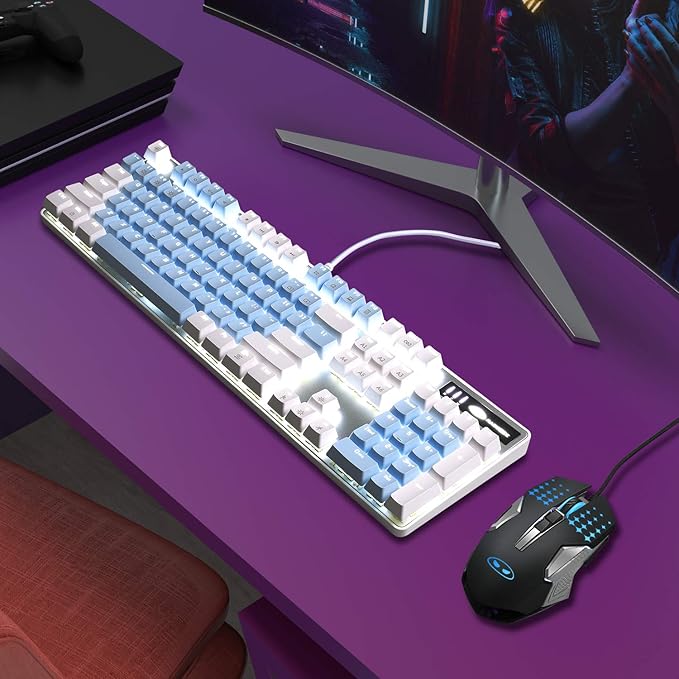 MageGee Mechanical Gaming Keyboard, New Upgraded Blue Switch 104 Keys White Backlit Keyboards, USB Wired Mechanical Computer Keyboard for Laptop, Desktop, PC Gamers(White & Blue)