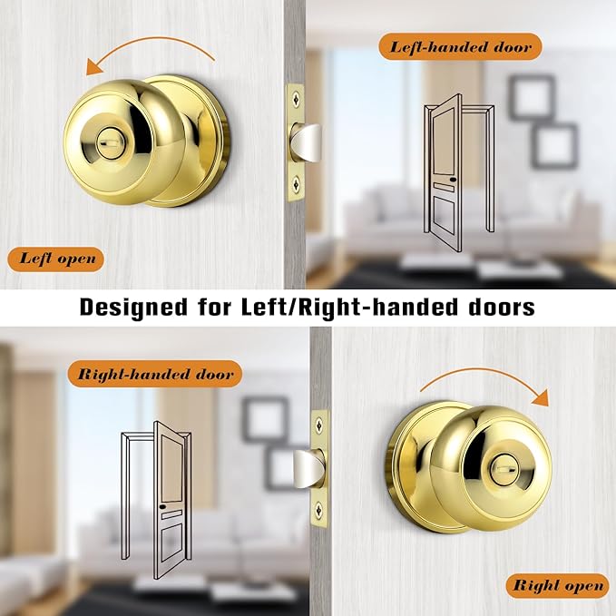Probrico Gold Interior Door Knobs for Bedroom Bathroom, Polished Brass Privacy Door Knob Keyless Door Lock with Round Ball Knob, 8 Pack