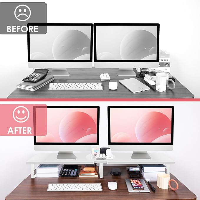 Across-Star Dual-Monitor-Riser-Stand-For-Desk, Large Monitor Stand Riser For 2 Monitors With Adjustable Length Angle, Double Computer Riser For Desktop Organizer, Monitor Shelf Riser