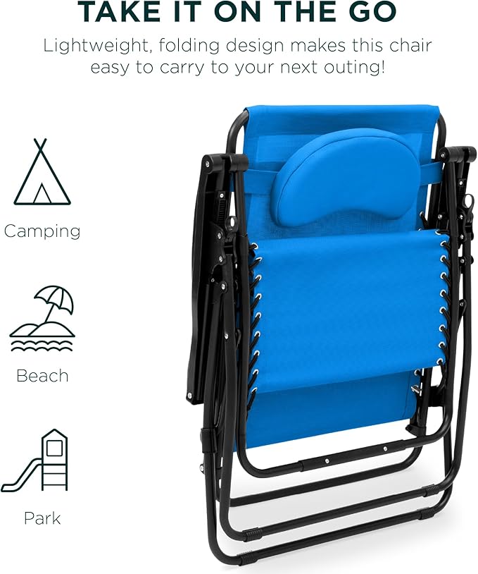 Best Choice Products Oversized Zero Gravity Chair, Folding Outdoor Patio Lounge Recliner w/Cup Holder Accessory Tray, Pillow - Light Blue