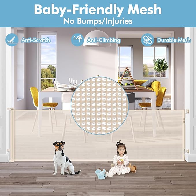 75 Inch Wide Retractable Baby Gate Retractable Dog Gate Indoor/Outdoor Retractable Gate, Long Baby Gate Wide Dog Gates for The House, Mesh Baby Gate Retractable Child Gates for Doorways/Stairs, Beige