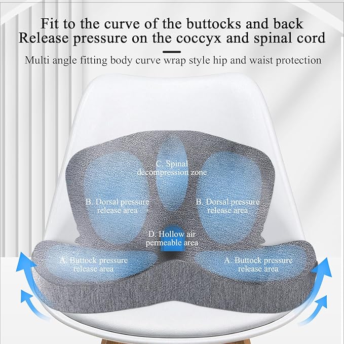 Ergonomic Seat Cushion with Adjustable Strap, Memory Foam Office Chair Seat Cushion with L-Shaped Design, Car Seat Cushion Fits for Truck Driver Semi Truck, Gaming Chair, Desk, Light Gray