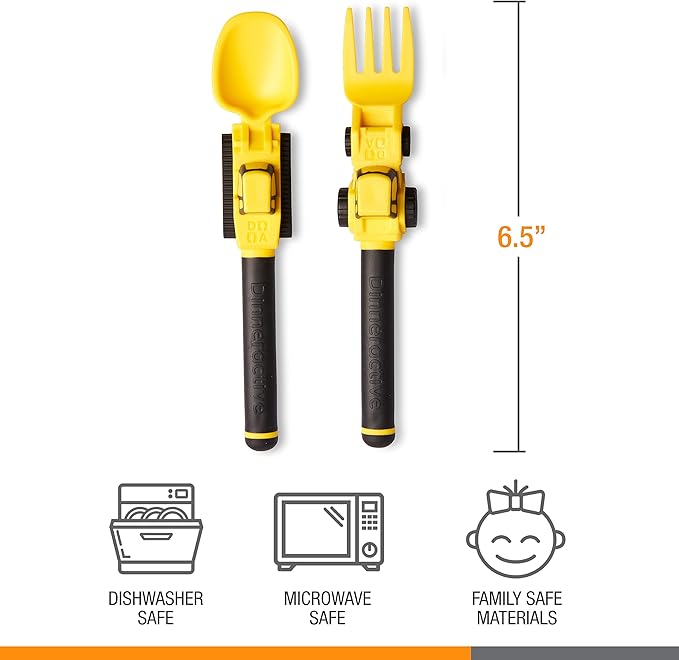 Dinneractive Utensil Set for Kids – Construction Themed Toddler Forks and Spoons, Toddler Utensils – 2-Piece Set – Yellow Construction Utensils For Toddlers - Loader & Tractor Toddler Spoons and Forks