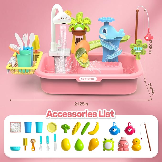 HOLYFUN Play Sink with Running Water, Kitchen Sink Toy with Upgraded Electric Faucet, Water Slide Track, Fishing Game Pool, and Floating Toys for Pretend Play,Dishwasher Toy for Kids and Toddlers