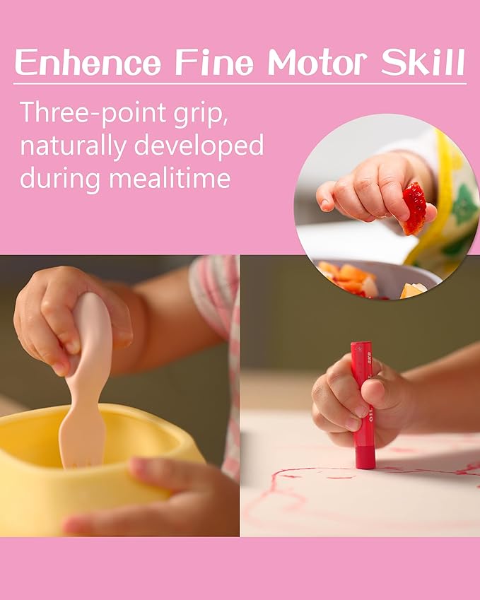 Toddler Utensils Set Ergonomic Fork and Spoon and Bowl Set Non-Slip Design for baby 12+ Month Self-Feeding Olds BPA Free Silicone Microwave and Dishwasher Safe Fine Motor Skills (Pink)