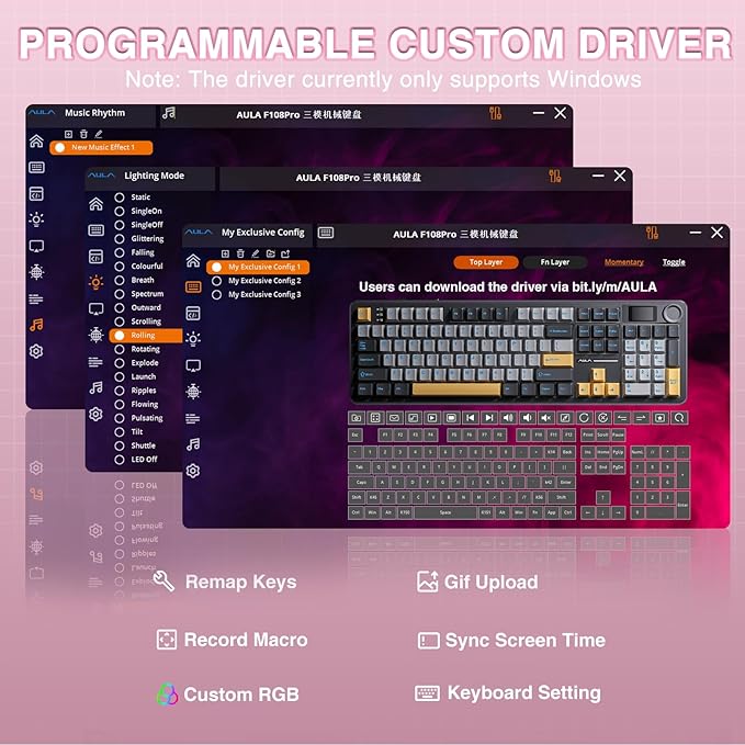AULA F108 PRO - Wireless Mechanical Keyboard with Screen & Knob,Full Size Keyboard with 8000mAh Battery,Pre-lubed Switches,Side Printed PBT Keycaps,RGB Backlit Hot Swappable Custom Pink Keyboards
