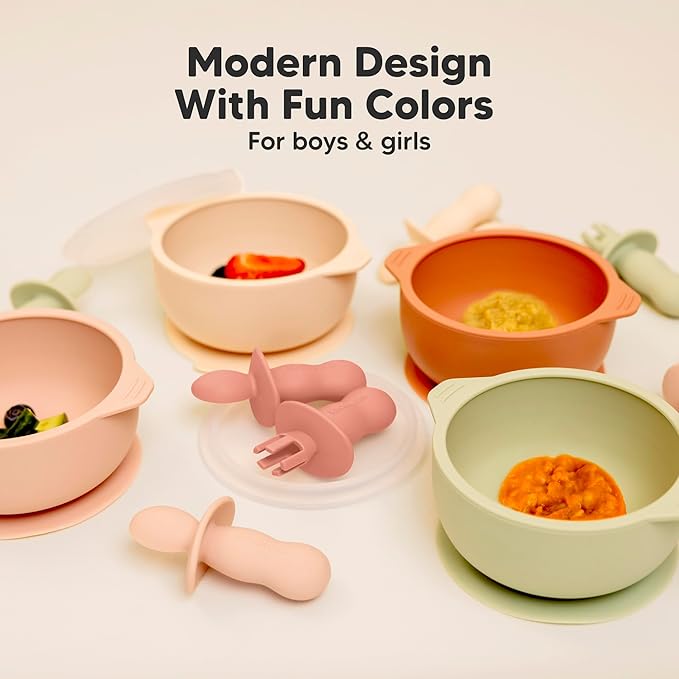 KeaBabies 4-Pack Silicone Baby Spoons and Forks Set - Baby Spoon Self Feeding, BLW Baby Utensils 6-12 Months,Baby Led Weaning Feeding Spoon,Teething Infant Baby First Food Training Pre Spoon (Roseate)