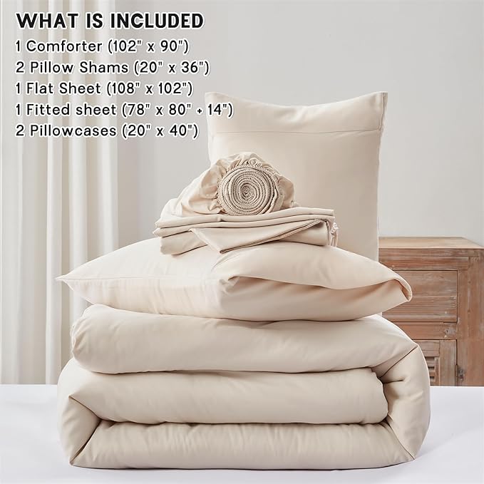 Anluoer Beige King Comforter Set 7 Pieces, Bed in a Bag with Sheets, All Season Bedding Sets with 1 Comforter, 2 Pillow Shams, 2 Pillowcases, 1 Flat Sheet, 1 Fitted Sheet