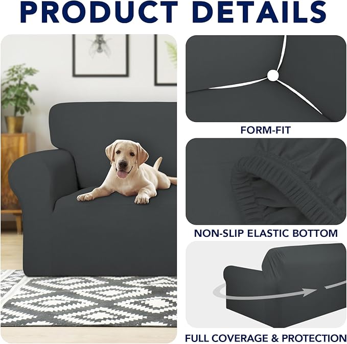 PureFit 100% Dual Waterproof Couch Cover Slipcovers for Couches and Sofas - Stretch Non Slip Fleece Sofa Covers Washable, Leakproof Furniture Protector for Kids, Pets, Dog (Loveseat, Dark Gray)
