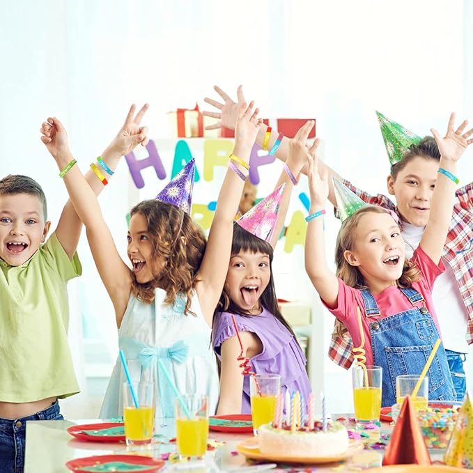 CCINEE 24 PCS Happy Birthday Silicone Bracelets, Colored Silica Rubber Stretch Wristbands for Kids Teenagers Birthday Party Supplies,4 Styles