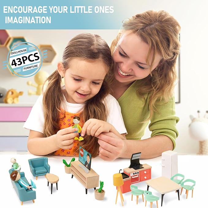 43PCS Wooden Dollhouse Furniture Set for Kids Toddlers 3Y+,Wood and Plastic Blue Dollhouse Accessories, Pretend Play Furniture Toys Christmas Birthday Gift for Boys Girls