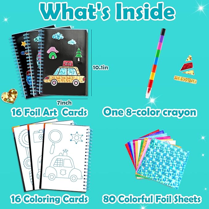 Foil Art Craft Activity for Kids: Fun DIY Toy Sticker Kit, No Mess Creative Travel Supply Set, Idea Birthday Easter Basket Stuffers Valentines Gift for Girl Boy Toddler 4 5 6 7 8 9 Year Old(Vehicle)