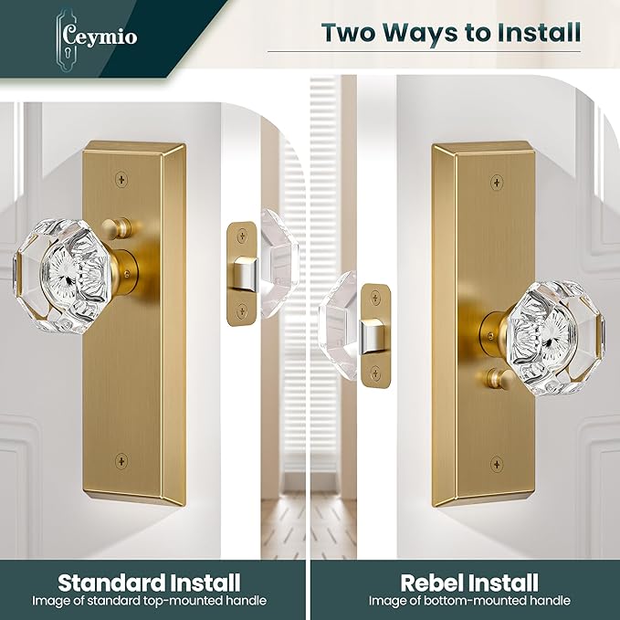 Glass Door Knobs for Interior Doors - Vintage Crystal Privacy Bedroom & Bathroom Door Knob with Lock - Diamond Cut Door Handle - Satin Brass Finish (1 Pack)