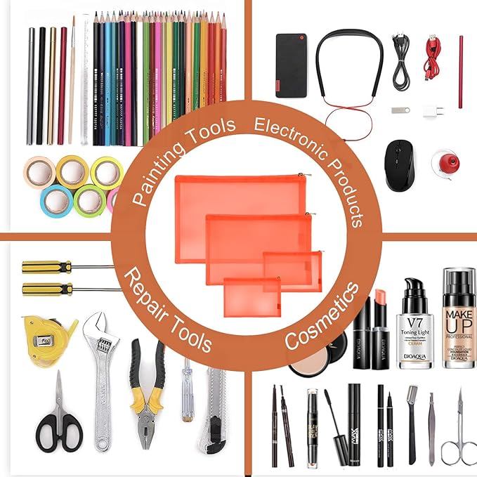 EASYFUN Mesh Pouch, Make up Bag with Zipper Cosmetic Organizer Pouch for Daily or Travel to Keep Small Items, 4 PCS Orange