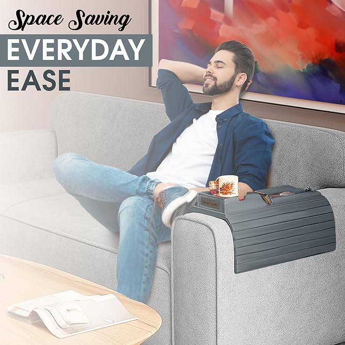 Couch Cup Holder Tray with 2 Cork Coasters, Caddy, Anti-Slip Foldable Armrest Sofa Tray, Anti-Spill Holder for Remote, Snacks, Cellphone - Ideal Gift (Grey)