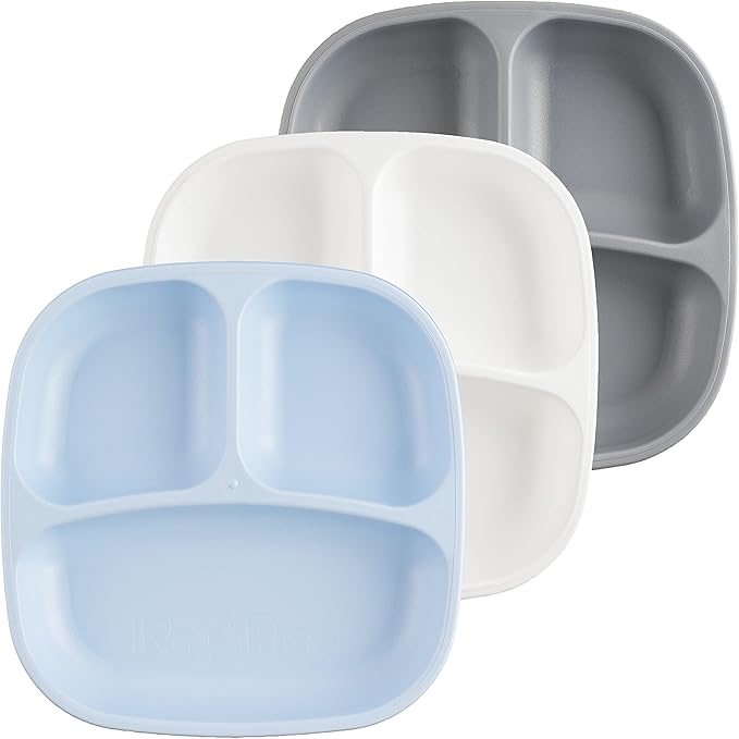 Re-Play Made in USA 7" Deep Walled Divided Plates for Kids, Set of 3 - Reusable 3 Compartment Plates, Dishwasher and Microwave Safe - 7.37" x 7.37" x 1.25", Glacier