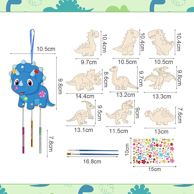 Fennoral 10 Pack Dinosaur Wind Chime Kit for Kids Make Your Own Dinosaur Wind Chime Wooden Arts and Crafts for Girls Boys DIY Coloring Art Activity for Dinosuar Themed Birthday Party Decoration