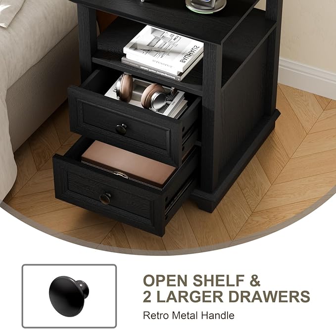 End Table with Fast USB C Charging Station,18" Wide Sofa Side Table with 2 Drawers, Large Storage Rustic Wood Square Storage Cabinet for Living Room, Bedroom, Office, Black