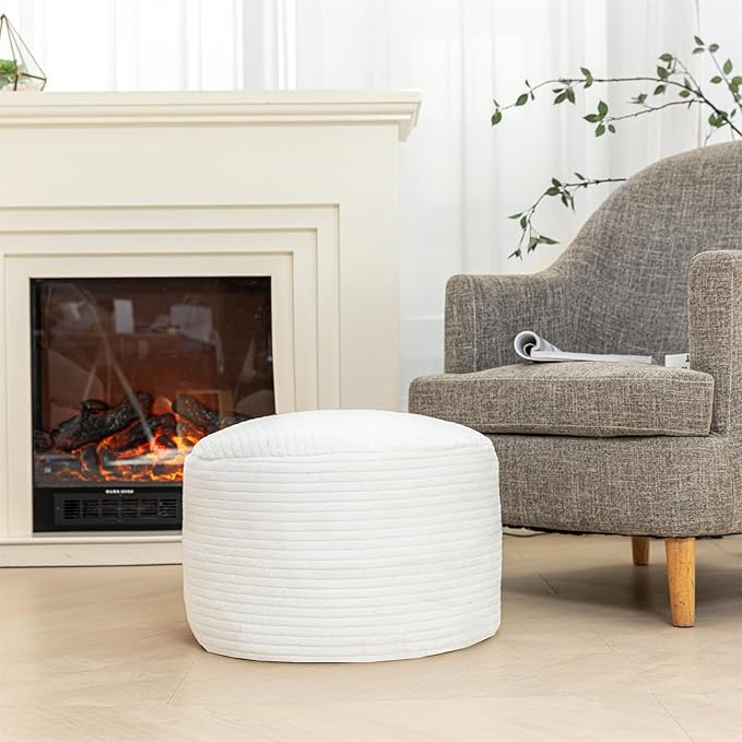 Pouf Ottoman Stuffed 20x20x12 Inches Floor Pouf Plush Fiber Ottoman Foot Rest Under Desk Foot Stool for Living Room Bedroom (White Stripe Pouf with Filler)