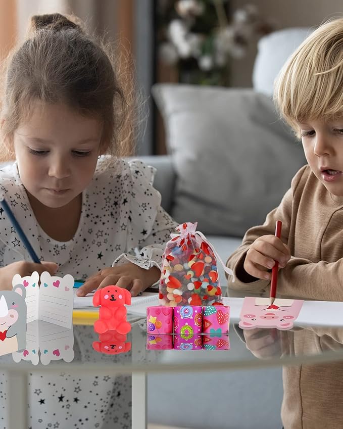 FEBALHS Party Favors for Kids, 48pcs Animal Valentines Exchange Gifts for Classroom School with Valentines Day Cards Goodie Bags Slap Bracelets Squishy Toys