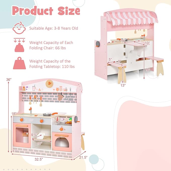 HONEY JOY Kids Kitchen Playset, 3-in-1 Double Side Wooden Little Chef Pretend Play Toy Kitchen Set for Toddlers & Barbecue Grill Set & Restaurant, Retractable Seat & Canopy, Gift for Boys Girls, Pink