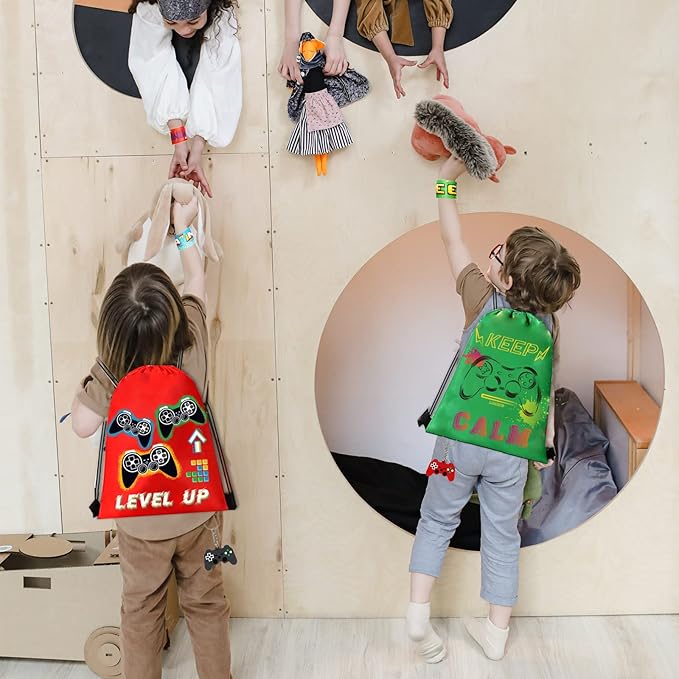 61 Pcs Video Game Party Favors, Gamer Party Favors Bags Includes 12 Pcs16 x 13 Inch Video Game Party Drawstring Bags Slap Bracelets Keychains Tattoo Stickers for Kids Gaming Party Favors