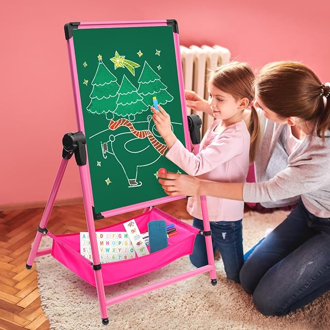 Kids Art Easel Double-Sided Easel Designed with Height Adjustable Function & Large Storage Bag Whiteboard & Chalkboard 360°Rotating Kids Drawing Easels for Kids Toddlers (26inch-43inch)