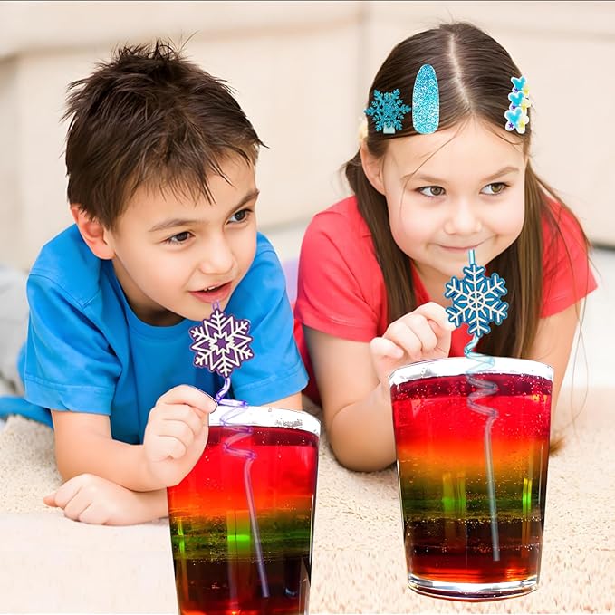 132Pcs Snowflake Party Favors Set Birthday Party Supplies Include 12 Bracelets, 10 Keychain, 10 snowflake squishies,10 wristbands,10 Hair accessories,10 straws,10 Bubble,50 Stickers and 10 Gift bags