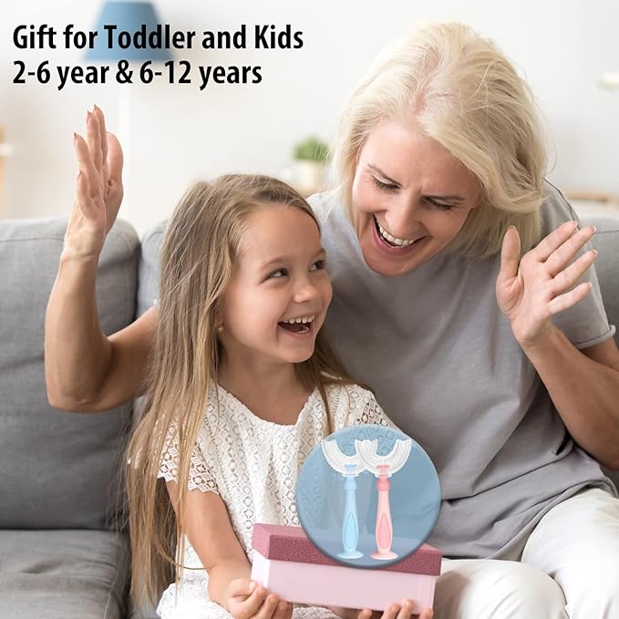 U Shaped Toothbrush Kids,Children Tooth Brush with Replaceable Soft Food Grade Silicone Heads 3 PCS, Whole Mouth Teeth Cleaning for Age 6-12 Years Blue