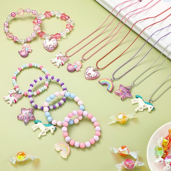 Bonuci 12 Pcs little Girls Jewelry Kids Necklaces and Bracelets Set Kids Jewelry for Girls Christmas Gift Cute Charm Toddler Bracelets for Pretend Play Dress Up Party Favors