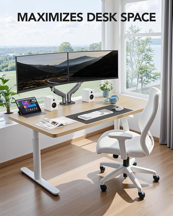 HUANUO Dual Monitor Stand, Fully Adjustable Monitor Desk Mount for 13–32″ Computer Screens, Full Motion VESA 75x75/100x100 with C-Clamp & Grommet Base, Each Arm Holds 4.4 to 19.8 lbs -Grey