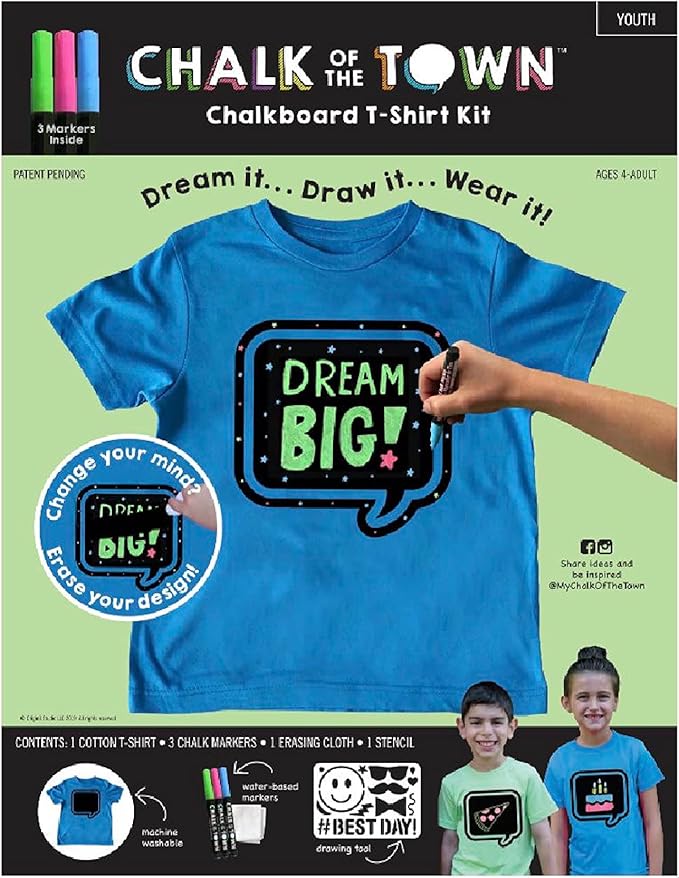 Blue Speech Bubble Chalkboard Short Sleeve T-Shirt Kit for Kids with 3 Markers and 1 Stencil (Youth X-Small)