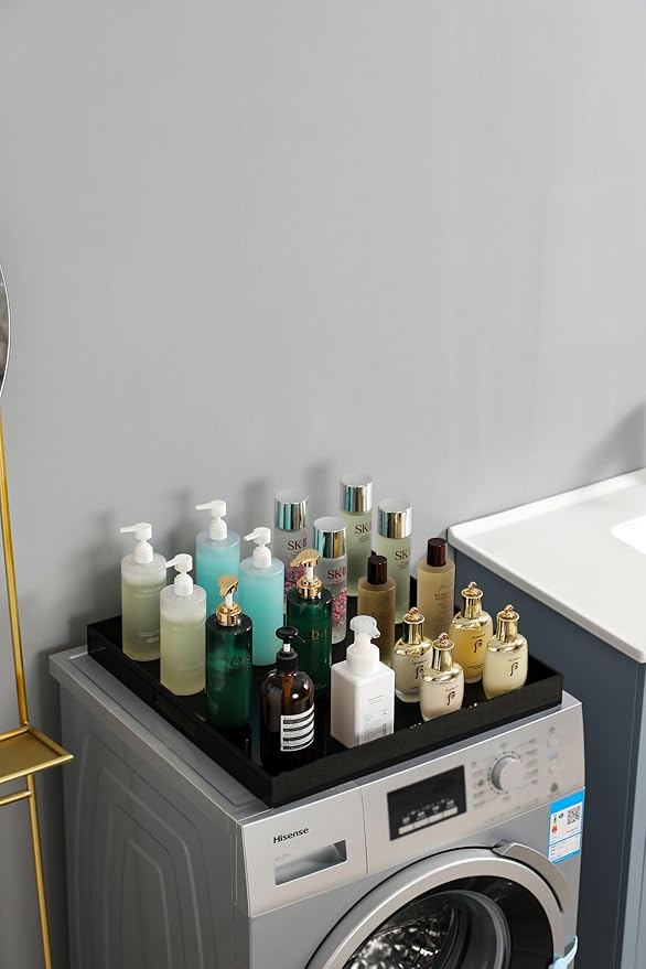 BEYLANG Glossy Black Sturdy Acrylic Serving Tray with Handles-24x24Inch-Serving Coffee,Appetizer,Breakfast,Butler-Kitchen Countertop Tray-Makeup Drawer Organizer-Vanity Table,Ottoman Tray-Decorative