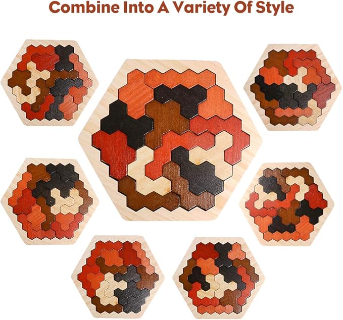 Skrtuan Wooden Hexagon Puzzle for Kids & Adults, Montessori STEM Educational Toy with Colorful Shapes, Logic IQ Brain Teaser Game for All Ages, Geometry Tangram Gift