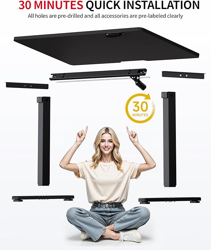 Okin Standing Desk Electric Adjustable Computer Whole Piece Stand up Desk Office Gaming Home Office Memory Desks 48x24 inches Black