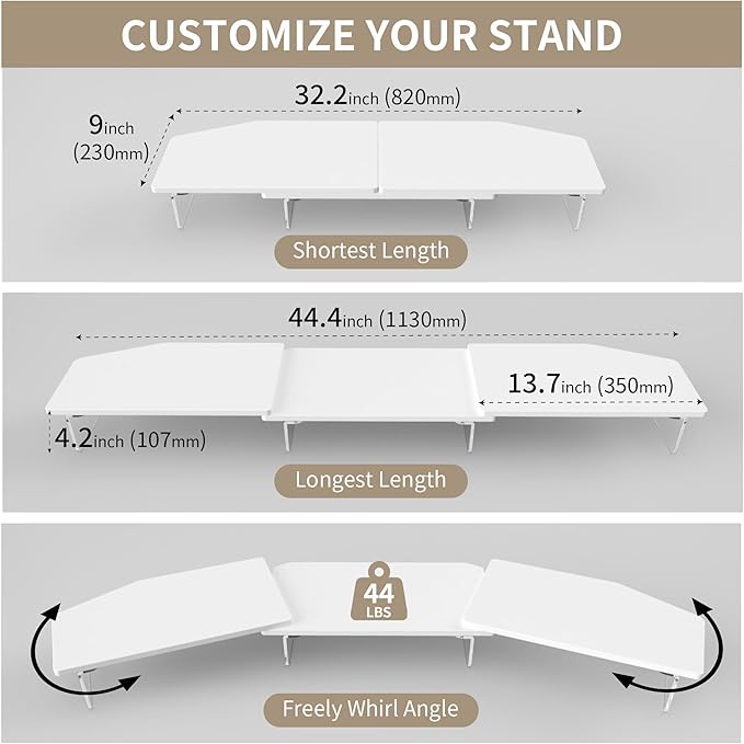 AFOOYO LED Dual Monitor Stand Riser for 2 Monitors, Office Desktop Wooden Stand Adjustable Length and Angle 3 Shelf, Extra Long Multifunctional Stand up to 44.4" for Computer, Laptop, TV, White